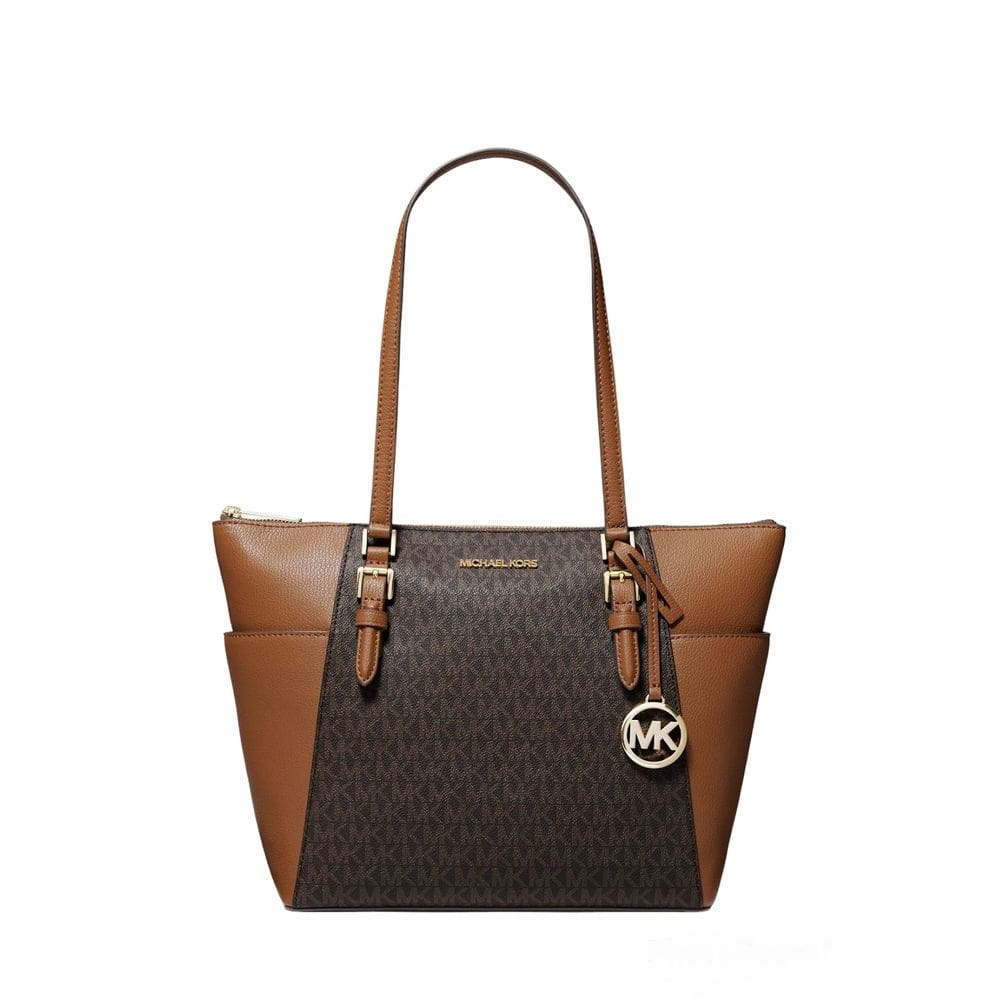 Sacola Michael Kors grande de couro com zíper (bolota marrom)