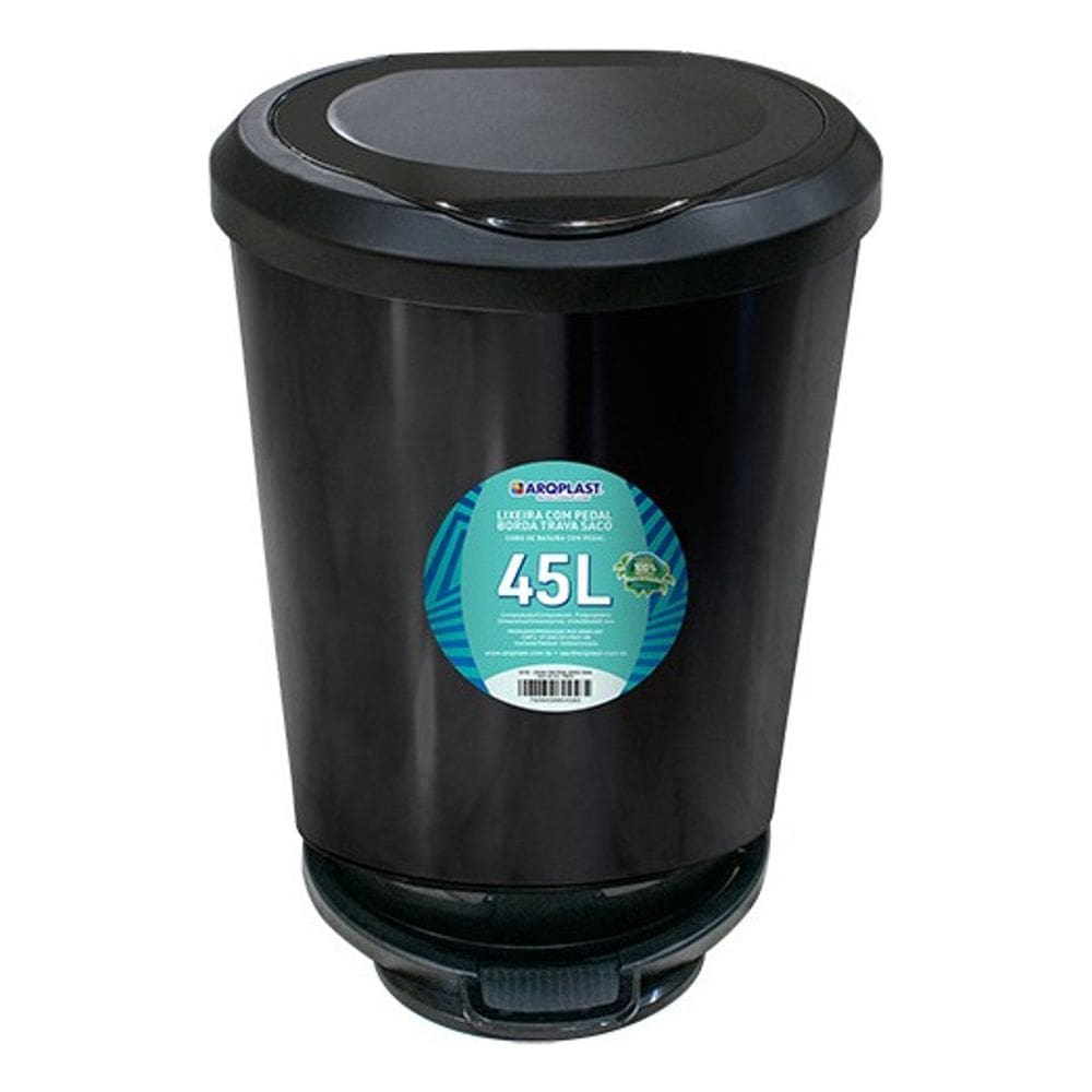 Lixeira com Pedal Borda Trava Saco Preta 45 Litros Arqplast