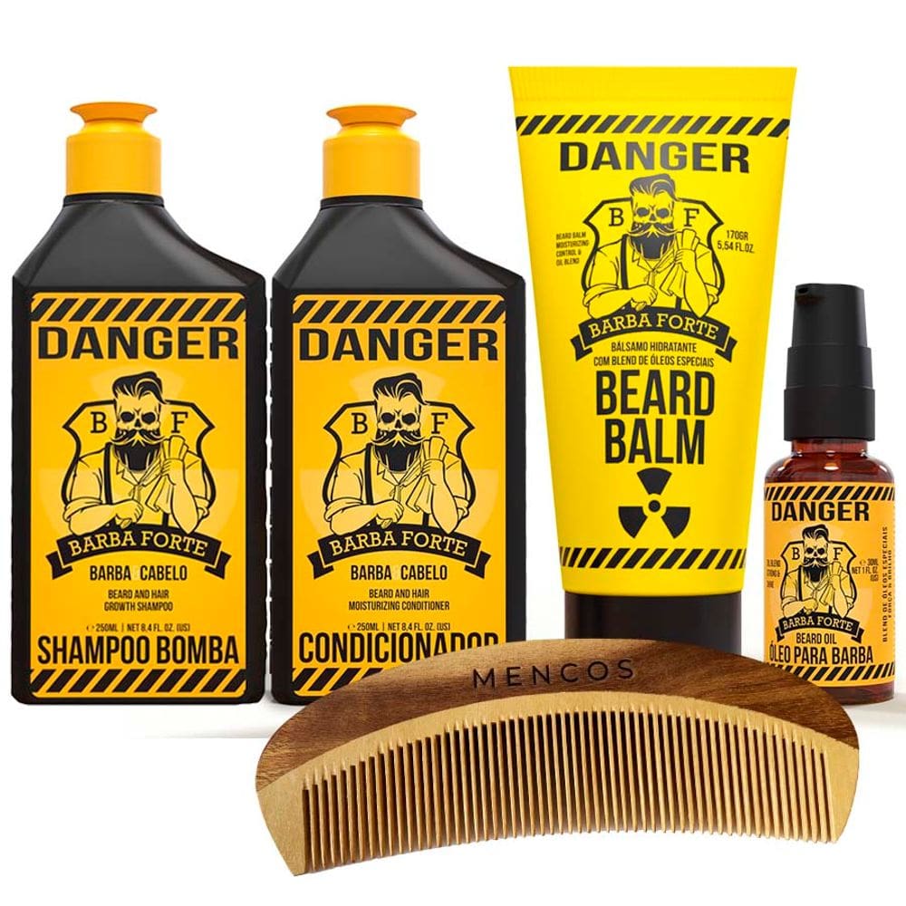 Kit Barba Shampoo + Condicionador + Óleo + Balm + Pente de Madeira Danger Barba Forte