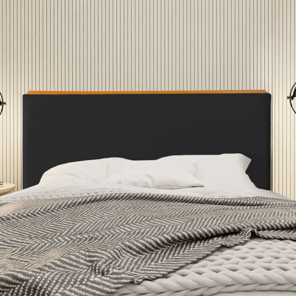 Cabeceira Cama Box Casal 1,40m Estofada Detalhe em Madeira Java Veludo Preto