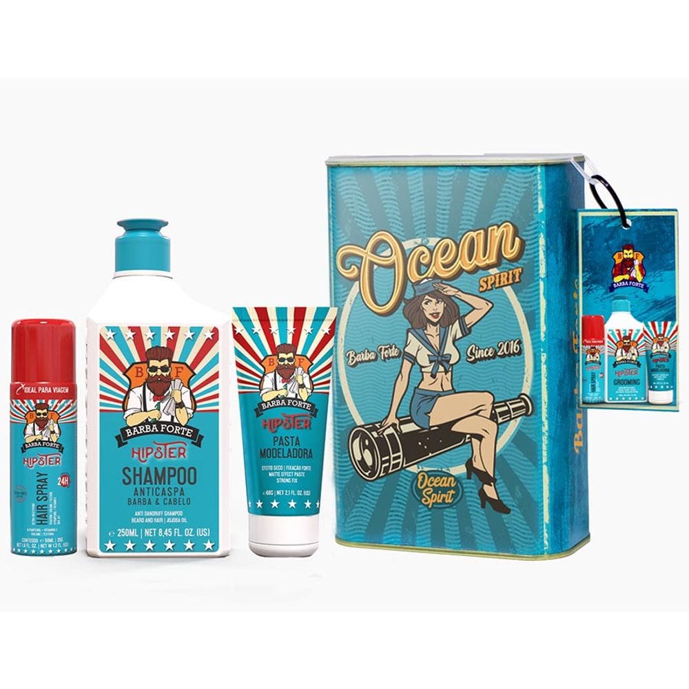 Kit Shampoo Anticaspa + Pasta + Hair Spray Hipster Lata Ocean Spirit Barba Forte