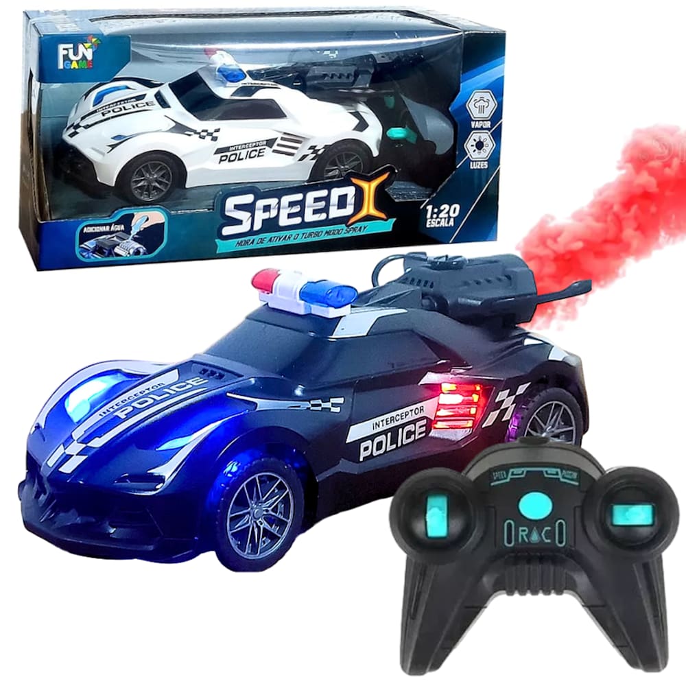 Carrinho de Controle Remoto Carro Esportivo Policia Solta Fumaça 7 Funções