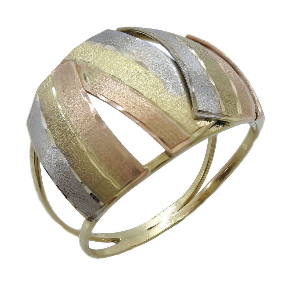 Anel Cocktail Ouro 18k Três Cores Fosco Placas Maxi Bombe