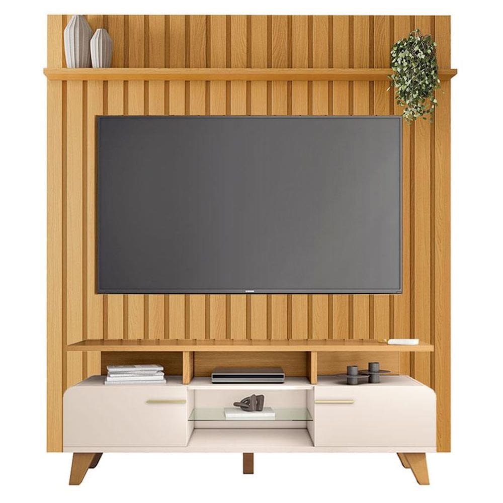 Rack Bancada Essenza 1.6 com Painel Ripado You 1.8 Cinamomo Off White - HB Móveis