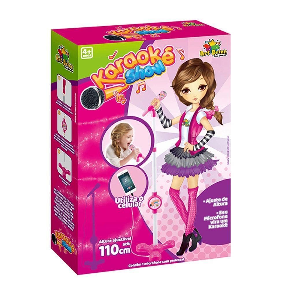 Microfone Karaokê Com Pedestal Menina Use No Celular Cantar Criança