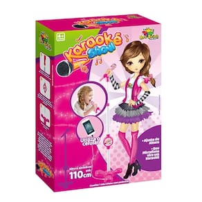 Microfone Karaokê Com Pedestal Menina Use No Celular Cantar Criança
