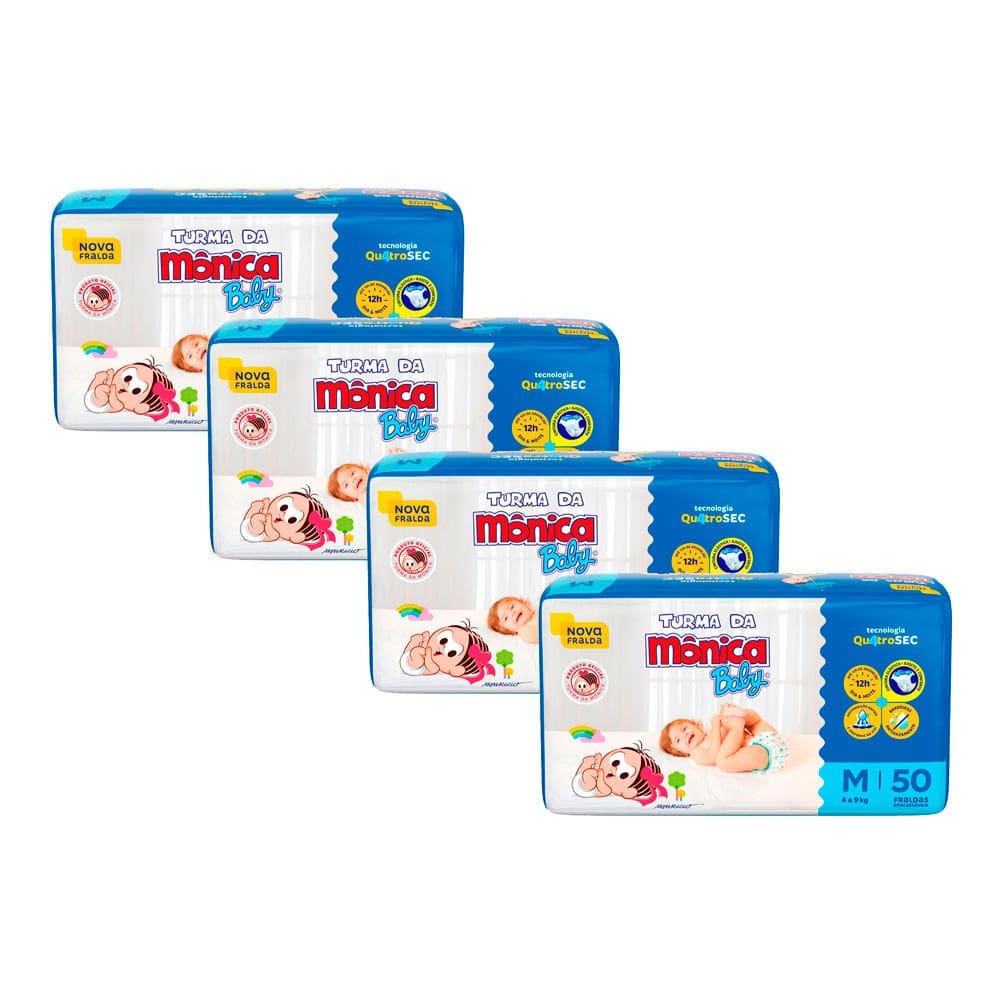 Kit 4 Fralda Infantil Turma da Mônica Baby Mega Tamanho M 50 Fraldas Descartáveis cada