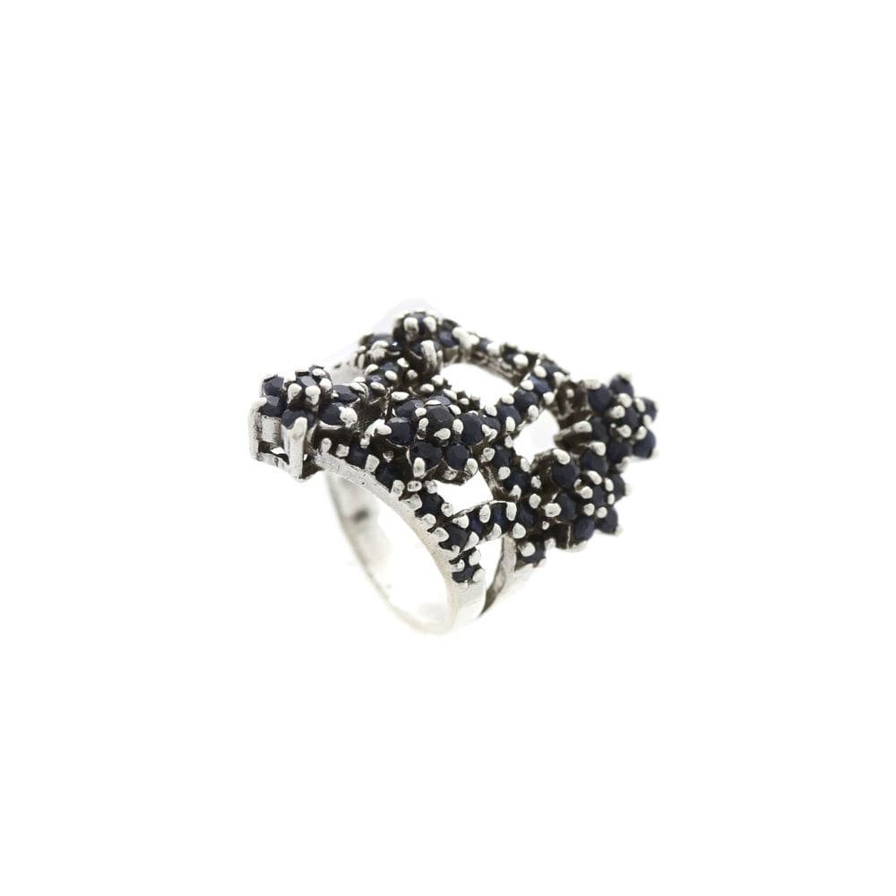 Anel Flores Em Safiras Naturais Elegante Prata 925 J24660