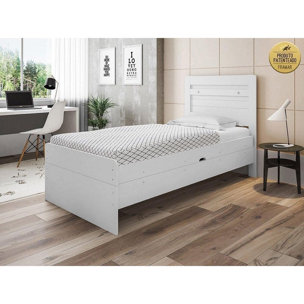 Cama Solteiro Larissa Branca com Baú Framar