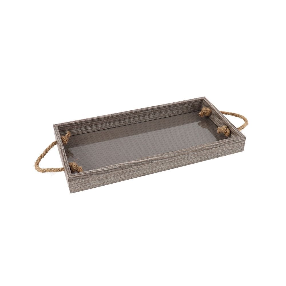 Bandeja Decorativa em Madeira e Couro Sintético Cinza 40cm KV0297 BTC