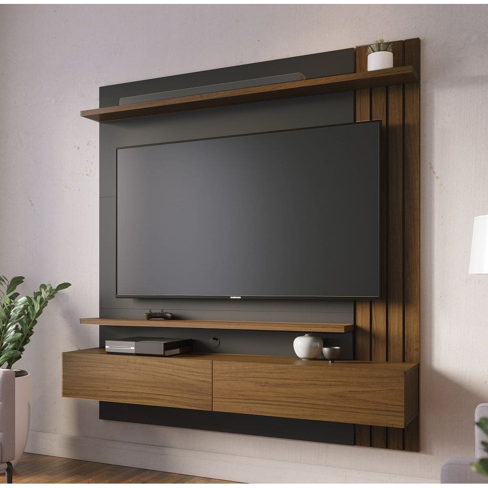 Painel Para Tv com Bancada Suspenso Juriti 150mt com 2 Portas e 1 Prateleira Noce Milano / Preto Fosco - Colibri