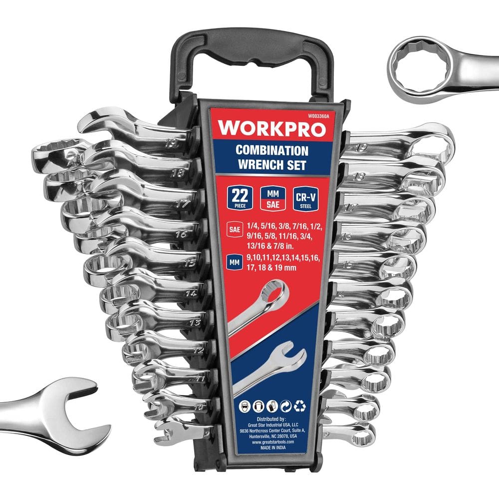 Conjunto de chaves WORKPRO Mechanics 22 unidades métricas de 9 a 19 mm com rack