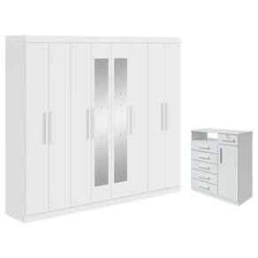Guarda Roupa Casal Andara Soft com Espelho e Cômoda Sapateira da Vinci Branco Brilho – Lopas