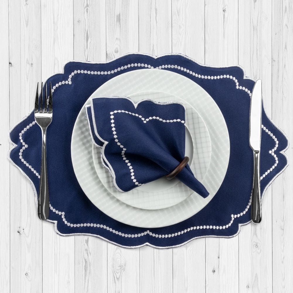 Jogo Americano Realeza 4 Peças Para Mesa De 2 Lugares Azul Bordado Branco