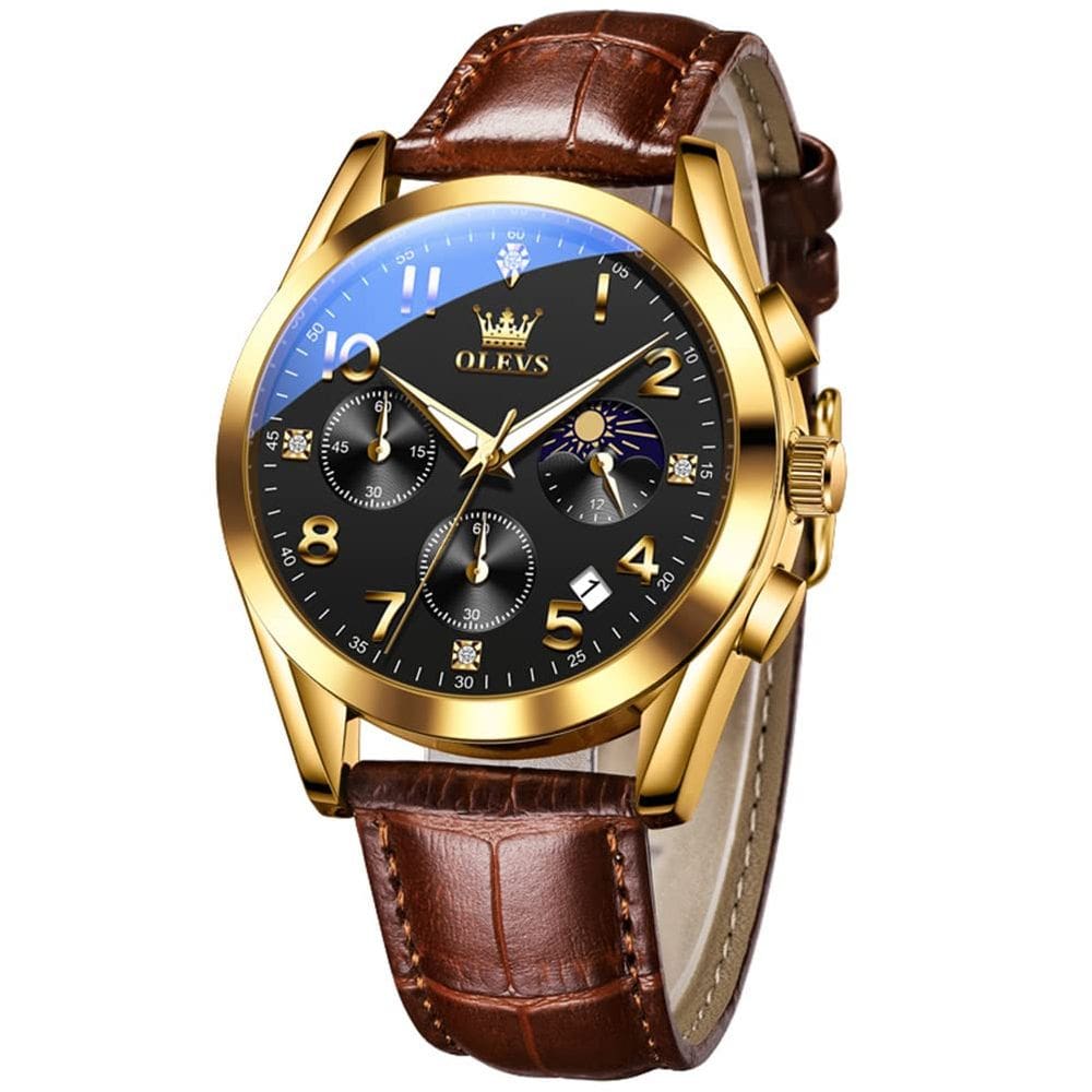 Relógio OLEVS, cronógrafo masculino, pulseira de couro dourada/preta