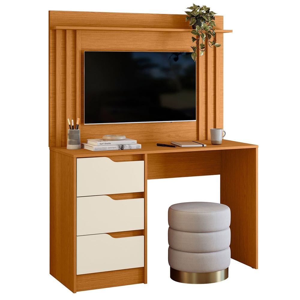 Escrivaninha com Painel até 42" Ripada 3 Gavetas Noble