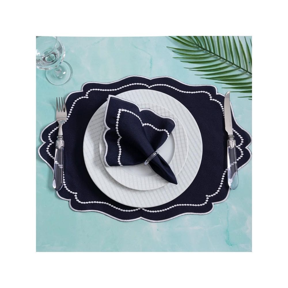 Jogo Americano Realeza 8 Peças Para Mesa De 4 Lugares Azul Bordado Branco