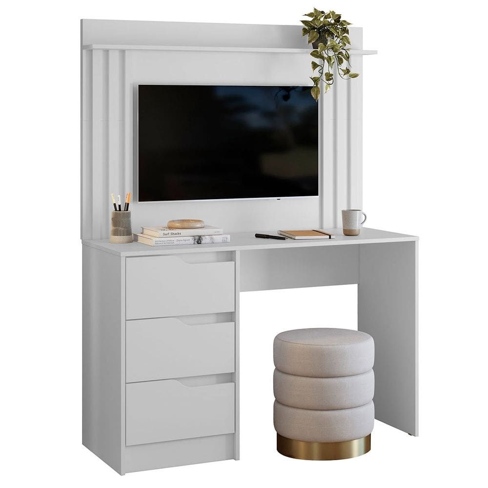 Escrivaninha com Painel até 42" Ripada 3 Gavetas Noble