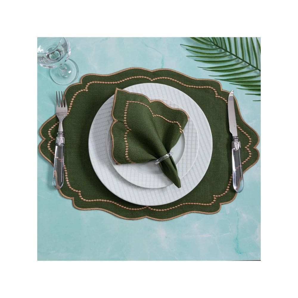 Jogo Americano Realeza 8 Peças Para Mesa De 4 Lugares Verde Bordado Dourado