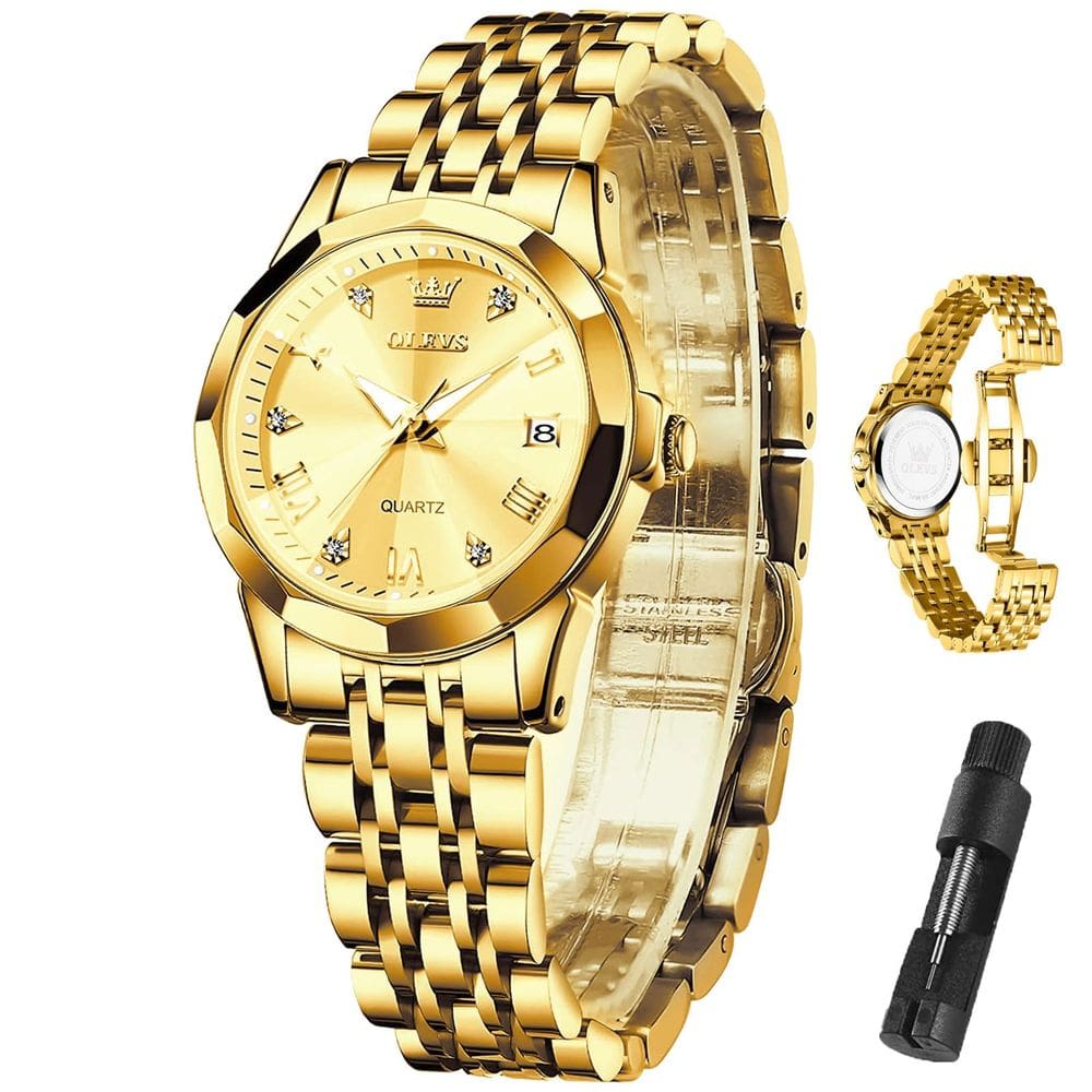 Relógio OLEVS Gold em aço inoxidável impermeável para mulheres