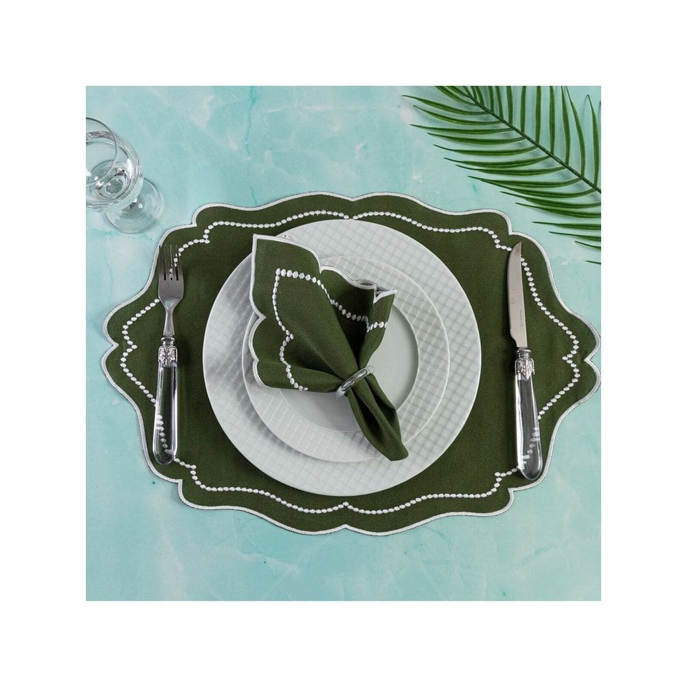 Jogo Americano Realeza 8 Peças Para Mesa De 4 Lugares Verde Bordado Branco