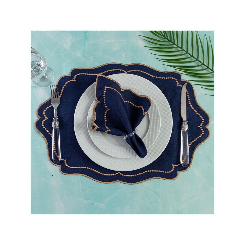 Jogo Americano Realeza 8 Peças Para Mesa De 4 Lugares Azul Bordado Dourado