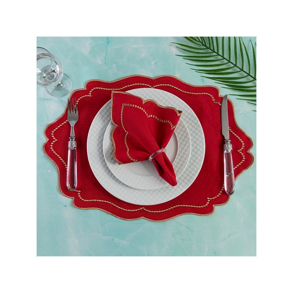 Jogo Americano Realeza 8 Peças Para Mesa De 4 Lugares Vermelho Bordado Dourado