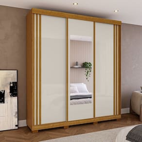 Guarda-roupa Casal 220cm 3 Portas com Espelho 100% Mdf Kamala Espresso Móveis Cinamomo/Off White
