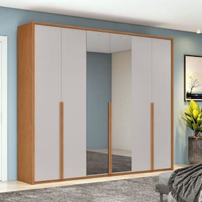 Guarda-roupa 6 Portas 4 Gavetas 100% Mdf com Espelho Style Amêndoa Clean/Off White