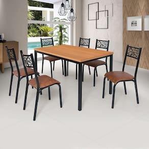 Conjunto Jade Flex 1,36m Tampo Laminado com 6 Cadeiras Preto/Caramelo/Freijó