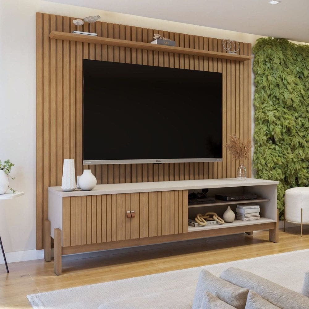 Rack com Painel Vitória para Tv até 55 Polegadas 2 Portas Mdf Fresado Off White/Cinamomo