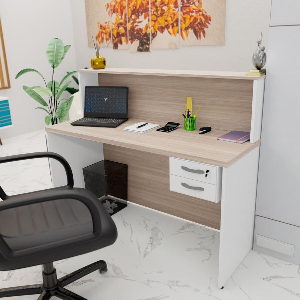 Balcão Atendimento Recepção Consultório com Gaveta 120x60cm Carvalho/Branco