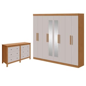 Guarda Roupa Casal Andara Soft com Espelho e Cômoda Horizontal Maggiore Amêndoa Clean Off White – Lopas