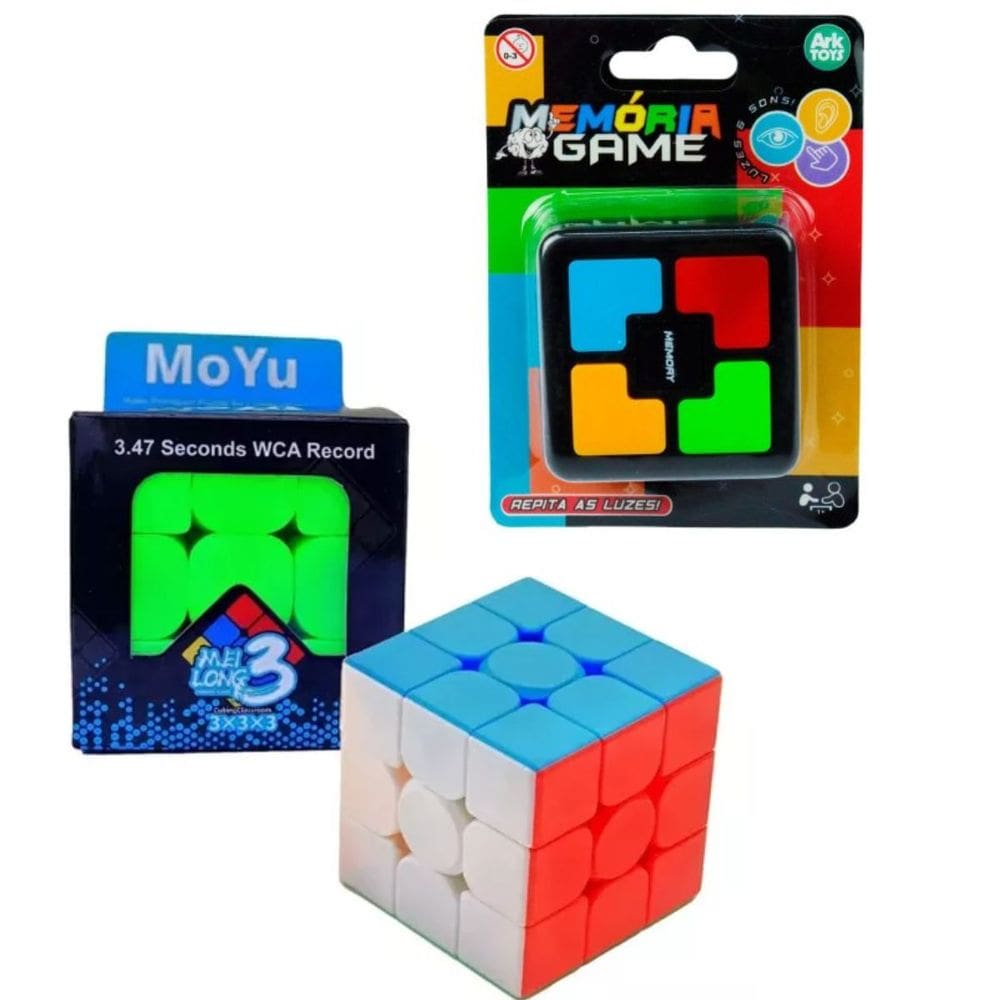 Kit 2 Jogos, Jogo da Memória Eletrônico com 4 Cores e Som, Cubo Mágico 3x3 5,5 cm