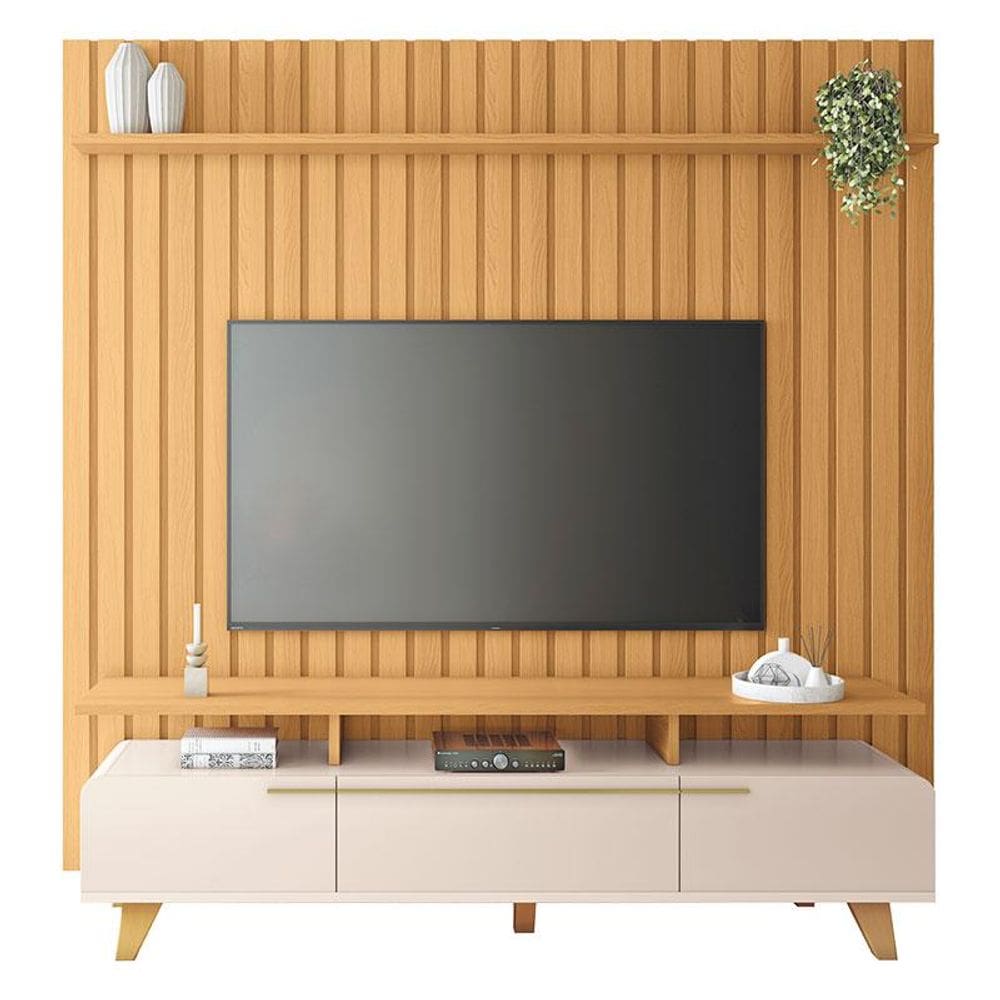 Rack Bancada Essenza 2.0 com Painel Ripado You 2.2 Cinamomo Off White - HB Móveis