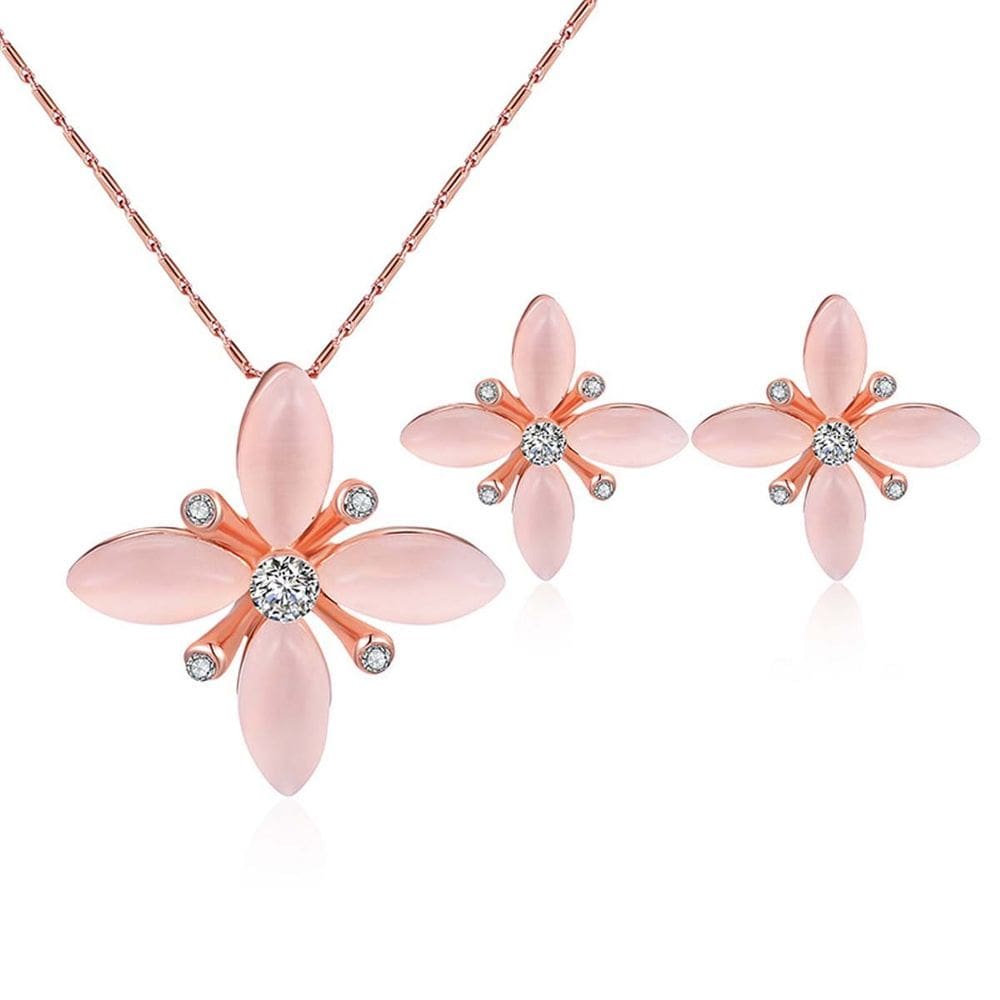 Kit Conjunto Colar e Par de Brincos Flores Rose Luxo
