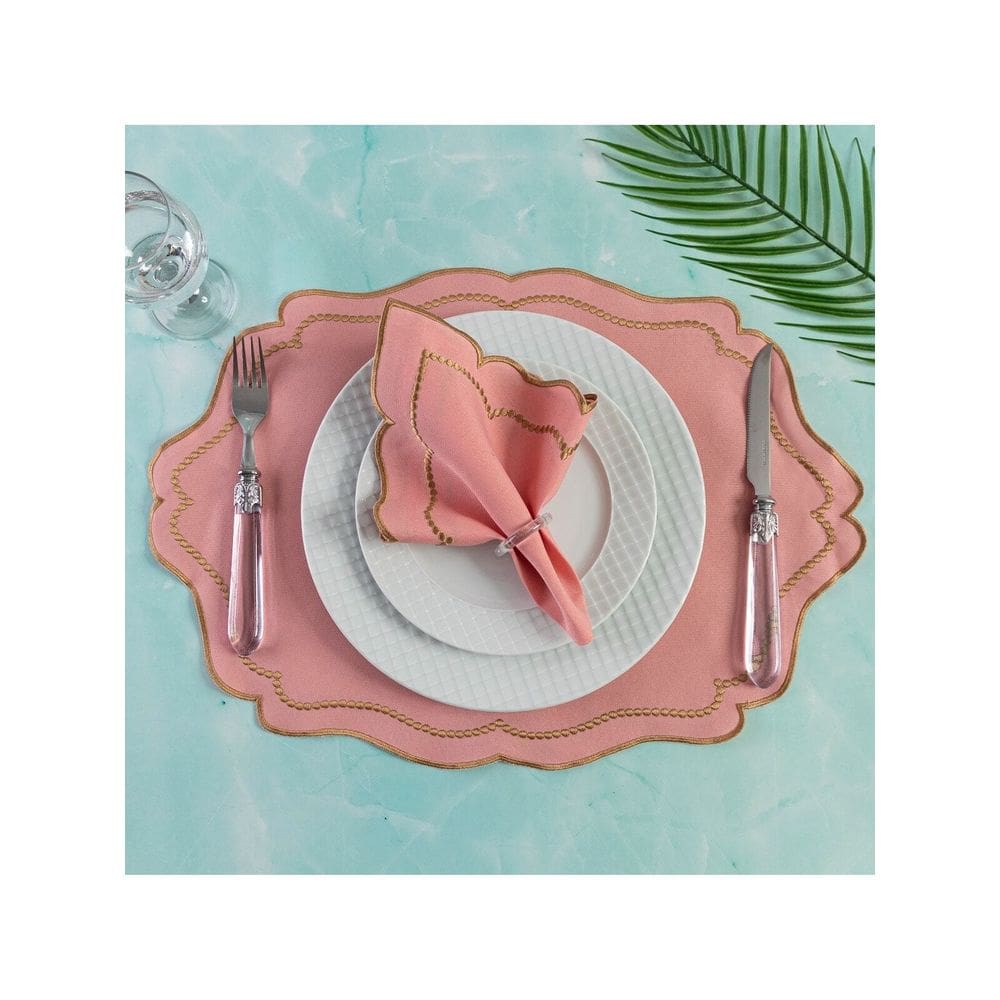 Jogo Americano Realeza 8 Peças Para Mesa De 4 Lugares Rose Bordado Dourado