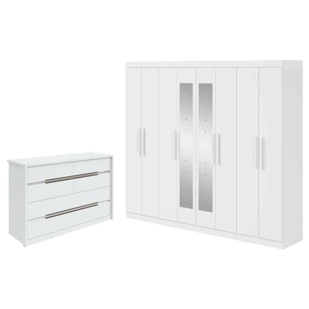 Guarda Roupa Casal Andara Soft com Espelho e Cômoda Gaveteiro Urban Branco Brilho - Lopas