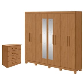 Guarda Roupa Casal Andara Soft com Espellho e Pés com Cômoda Gaveteiro Baião Amêndoa Clean - Lopas