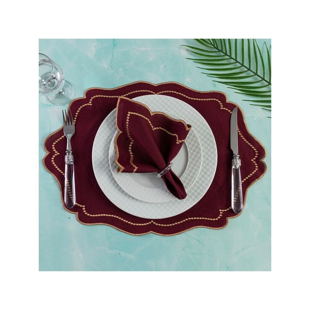 Jogo Americano Realeza 4 Peças Para Mesa De 2 Lugares Bordô Bordado Dourado