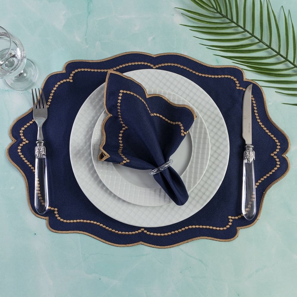 Jogo Americano Realeza 4 Peças Para Mesa De 2 Lugares Azul Bordado Dourado