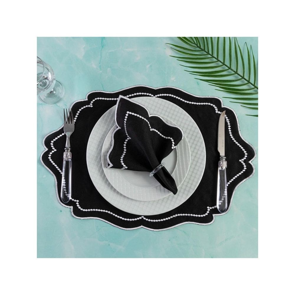 Jogo Americano Realeza 4 Peças Para Mesa De 2 Lugares Preto Bordado Branco