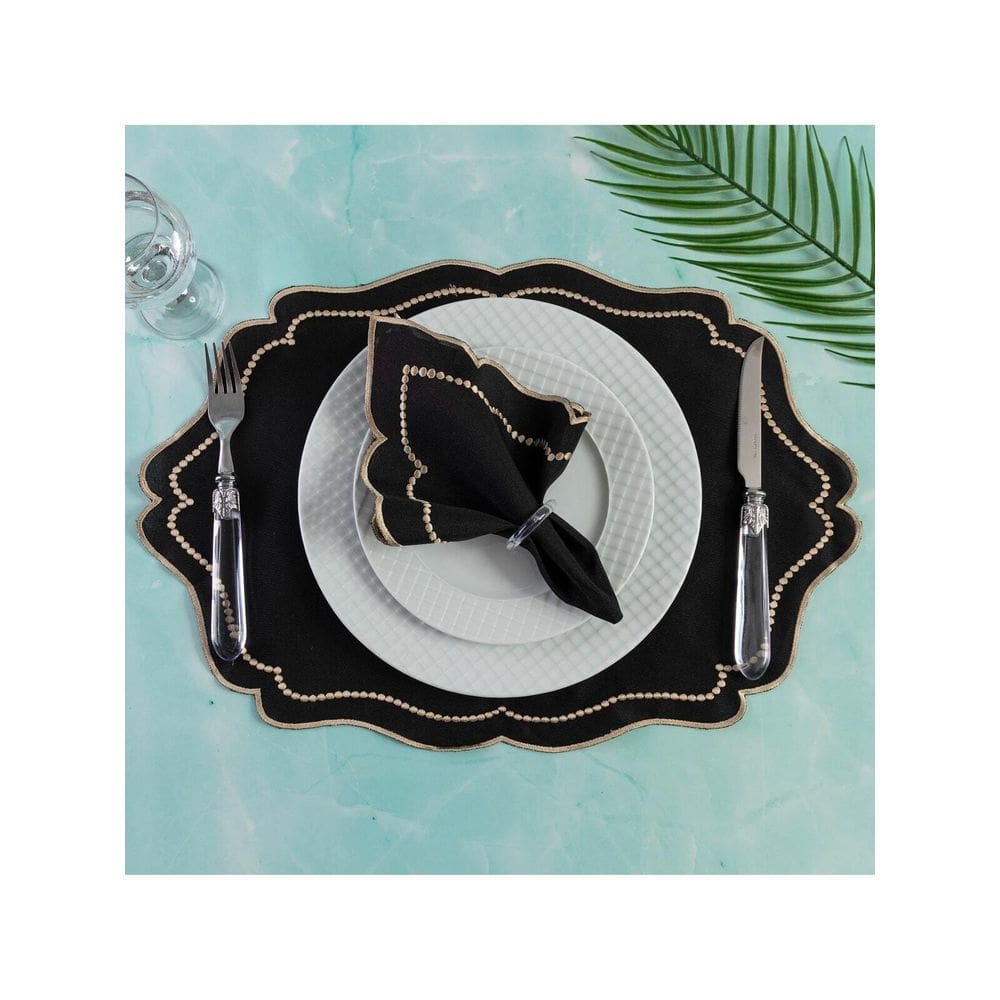 Jogo Americano Realeza 4 Peças Para Mesa De 2 Lugares Preto Bordado Dourado