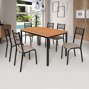Conjunto Jade Flex 136cm Tampo Laminado com 6 Cadeiras Preto/Bege/Freijo