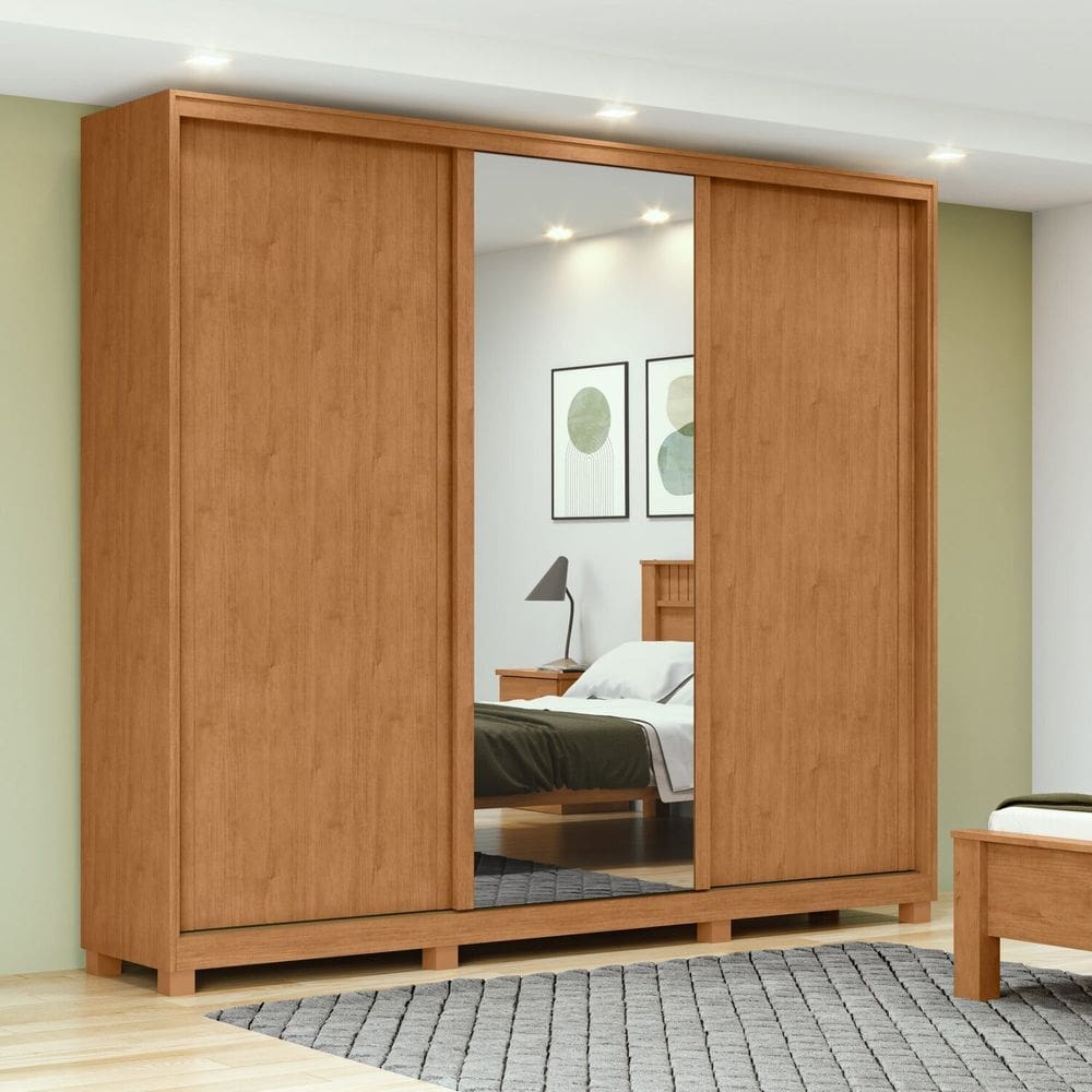 Guarda-roupa 3 Portas 4 Gavetas 100% Mdf 1 Porta Glass com Pés Forma Marrom/Bege