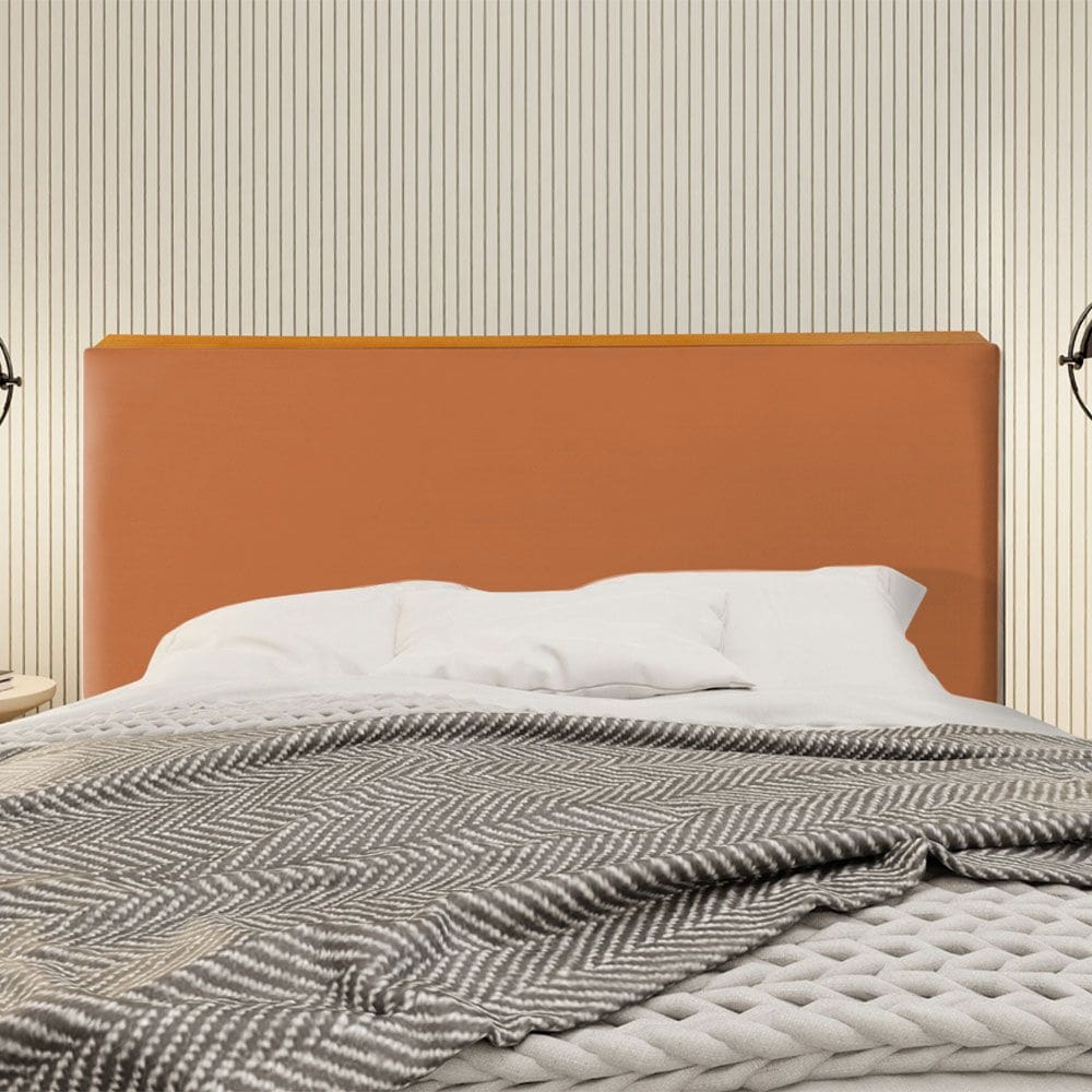 Cabeceira Cama Box Casal 1,40m Estofada Detalhe em Madeira Java Veludo Terracota