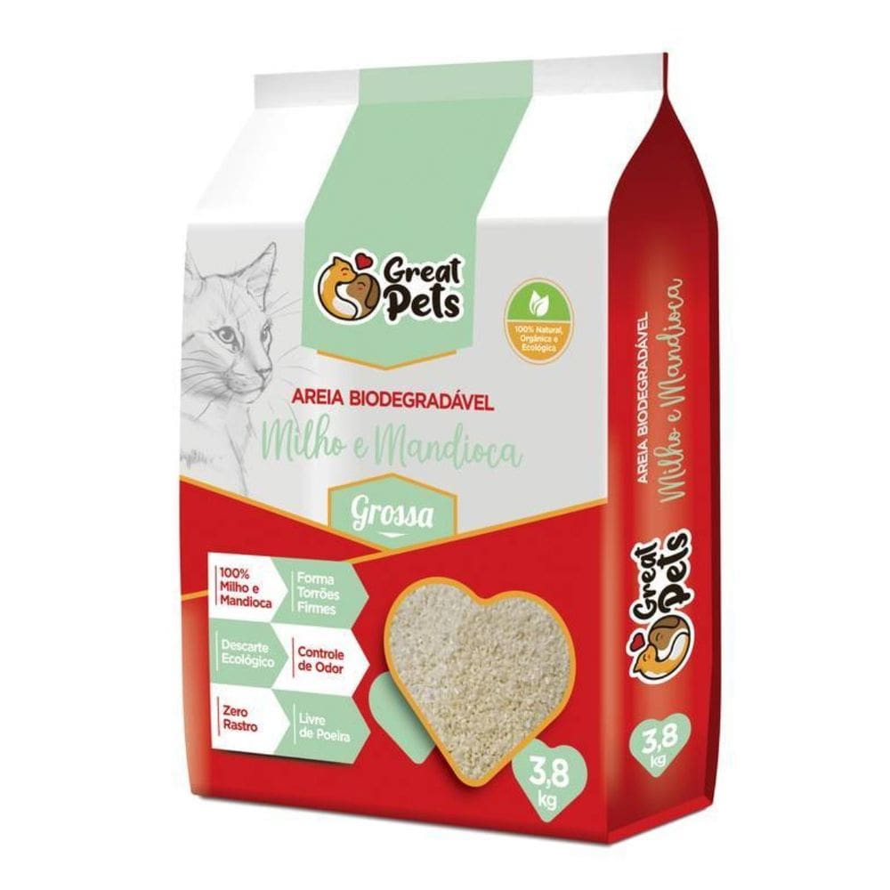 Areia Biodegradável Milho Mandioca Grossa Great Pets 3,8Kg