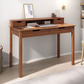 Mesa Escritório Compacta 2 Nichos 4 Gav Retrô Home Office Madeira Castanho Verniz Raul