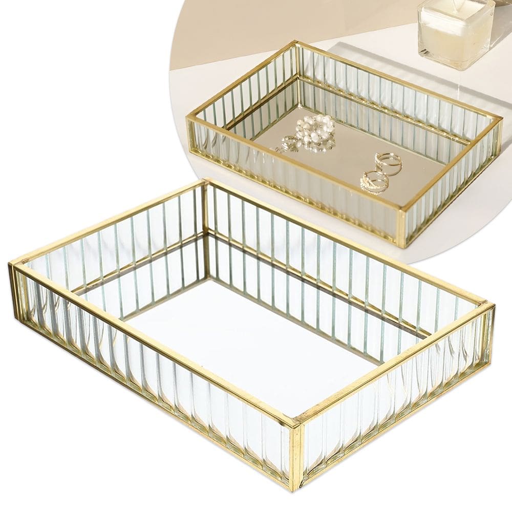 Bandeja Vidro Metal Dourado Porta Objetos Maquiagem 20x15cm