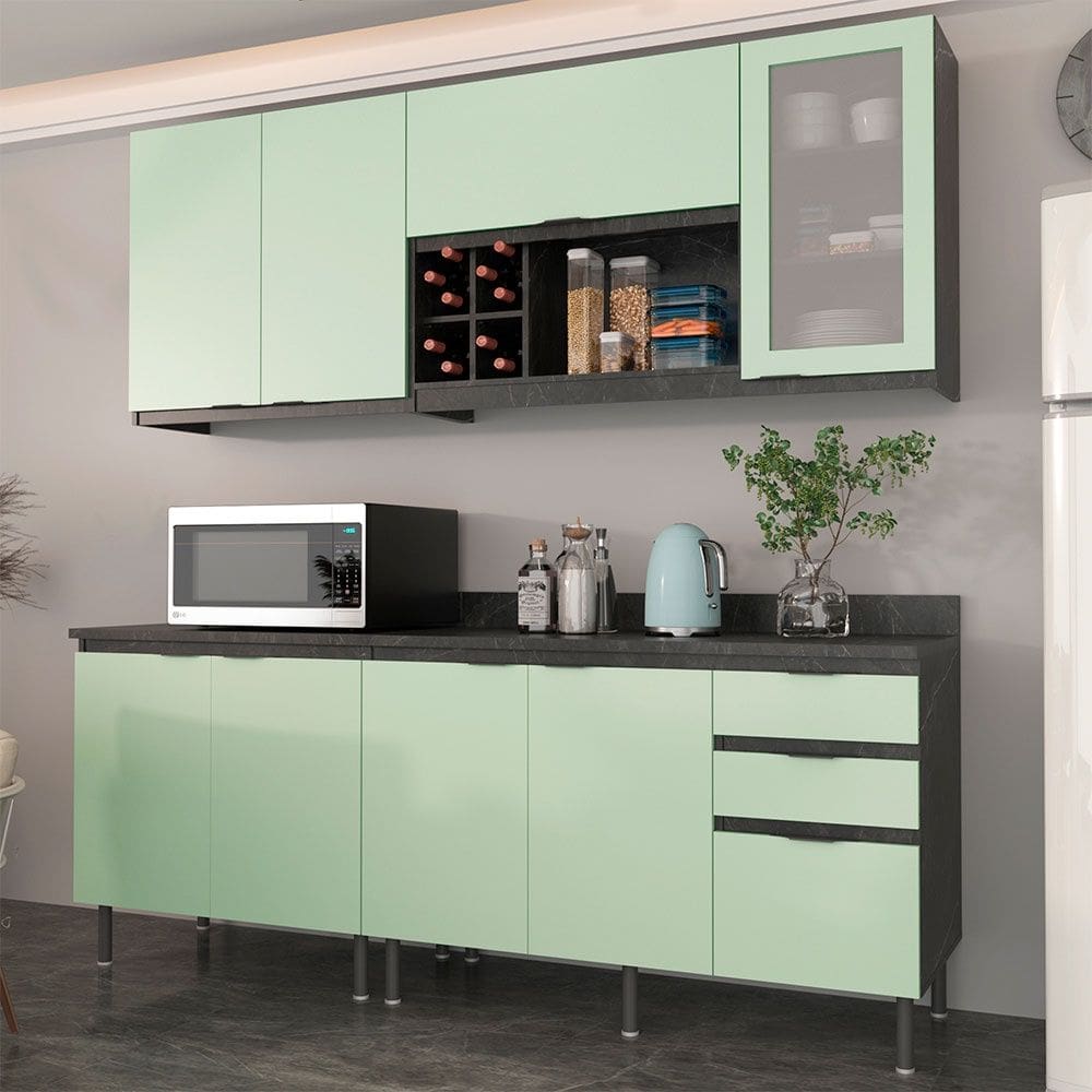 Cozinha Compacta Azaleia CZ1200 200cm 04 Peças 08 Portas e 03 Gavetas com Divisor de Talheres Mármore Lunar Verde Mar Tecnomobili